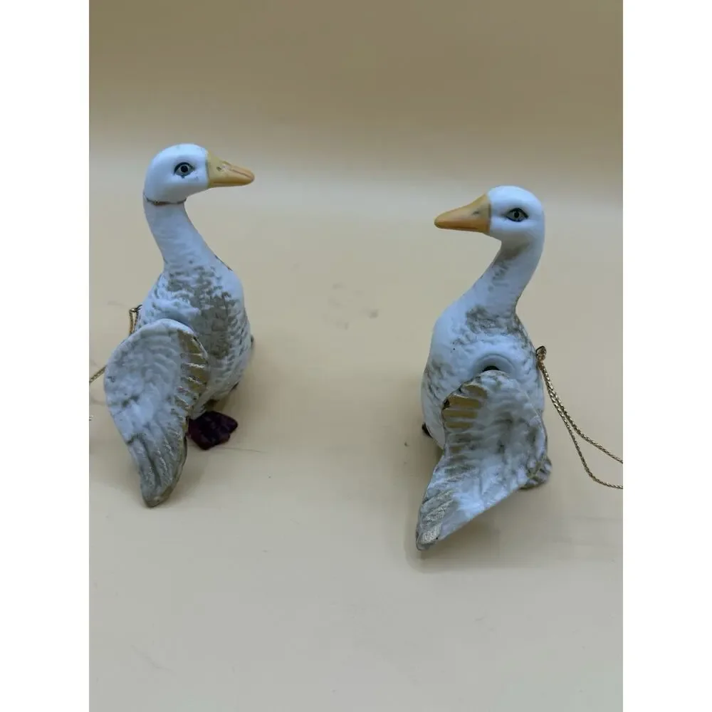 Vintage Goose Christmas Ornaments Pair Porcelain Ceramic Winged Birds Repair